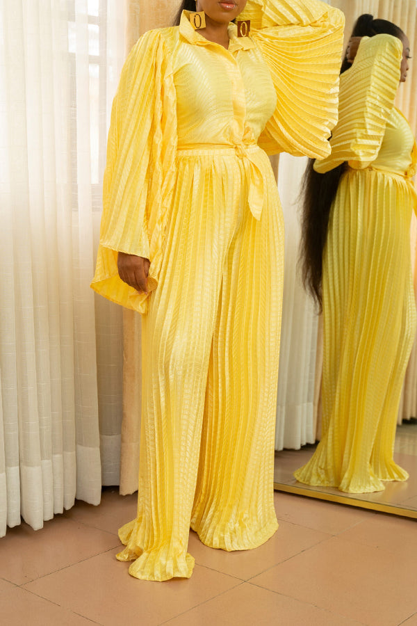 Elegant Trumpet Sleeve Solid Pleated Jumpsuit