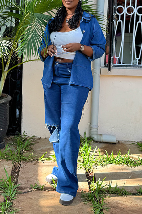 Casual Denim Blouse & Ripped Pants Set