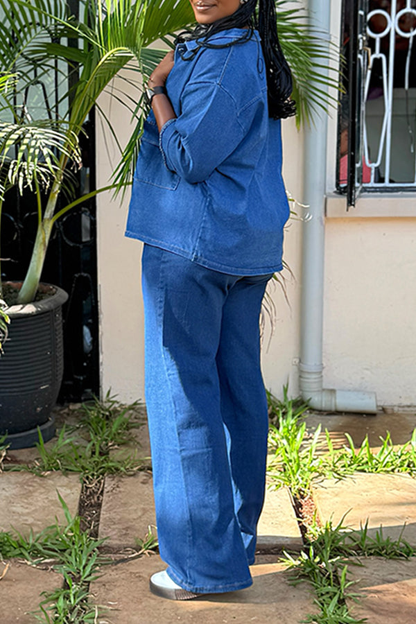 Casual Denim Blouse & Ripped Pants Set