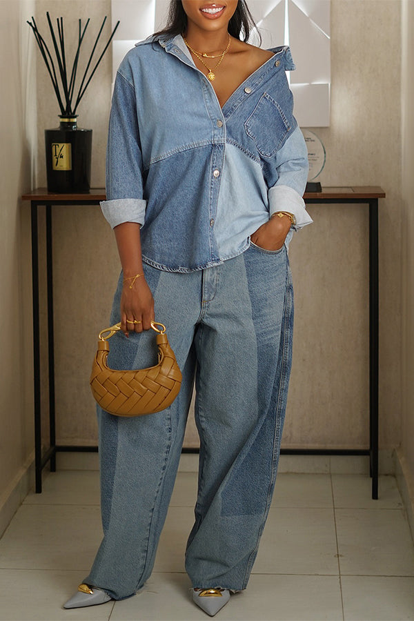 Casual Color Block Denim Shirt & Pants Set