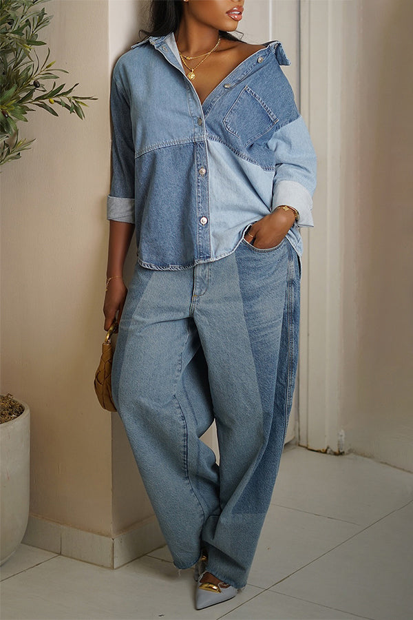 Casual Color Block Denim Shirt & Pants Set