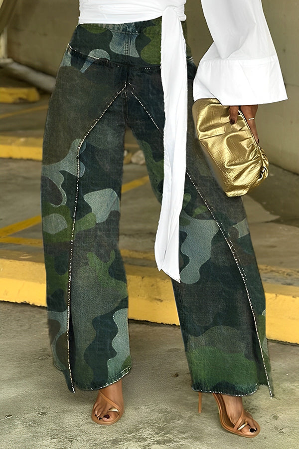 Unique Patchwork High Waist Camo Print Jeans