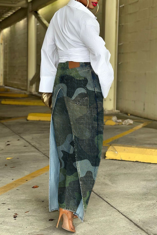 Unique Patchwork High Waist Camo Print Jeans