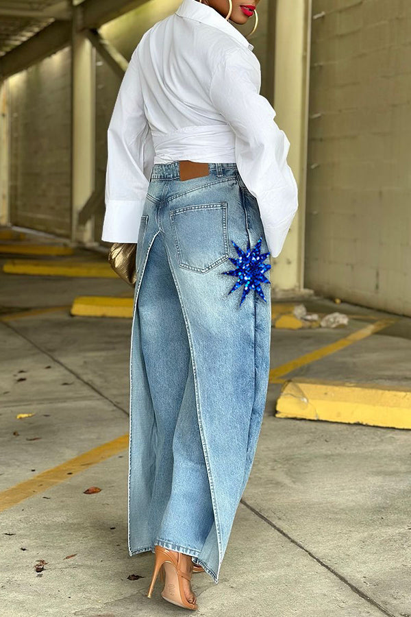 Unique Patchwork Sequin High Waist Wide Leg Jeans