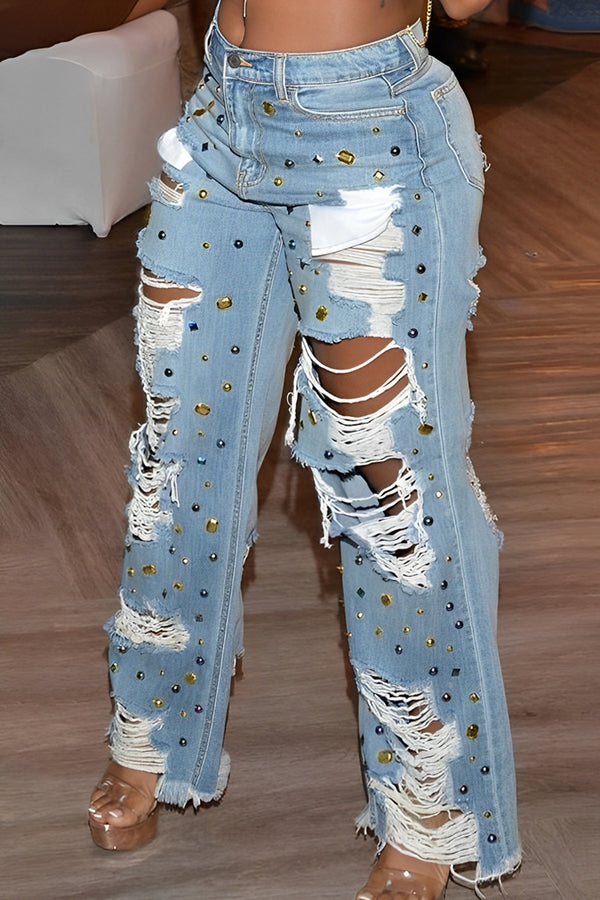 Stylish Ripped Denim Straight Pants