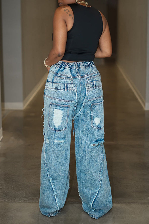 Stylish Ripped Denim Straight Pants