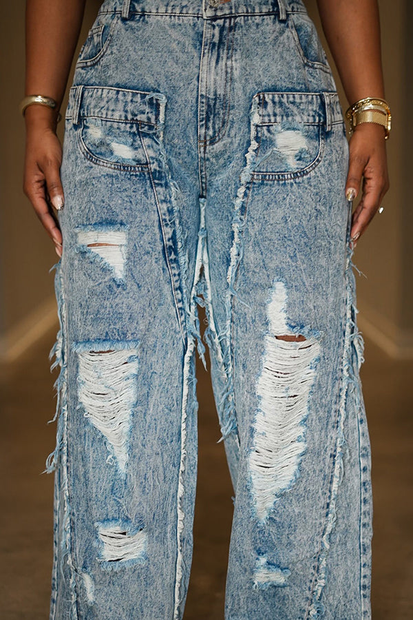 Stylish Ripped Denim Straight Pants