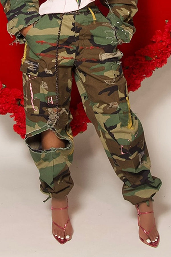 Stylish Camouflage Print Ripped Pants