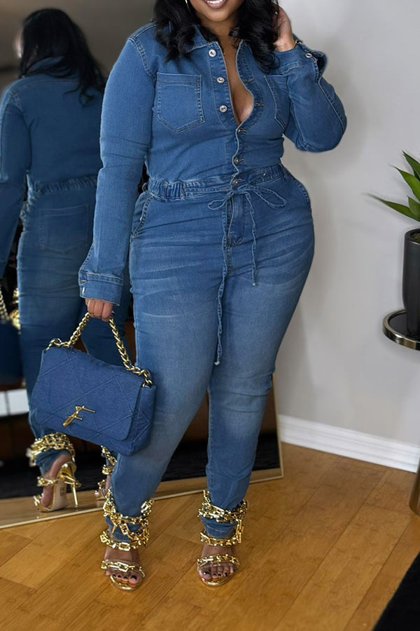 Stylish Drawstring Waist Denim Jumpsuit