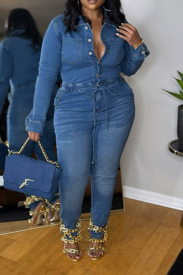 Stylish Drawstring Waist Denim Jumpsuit