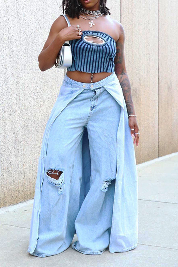 Stylish Ripped Wide Leg Jeans