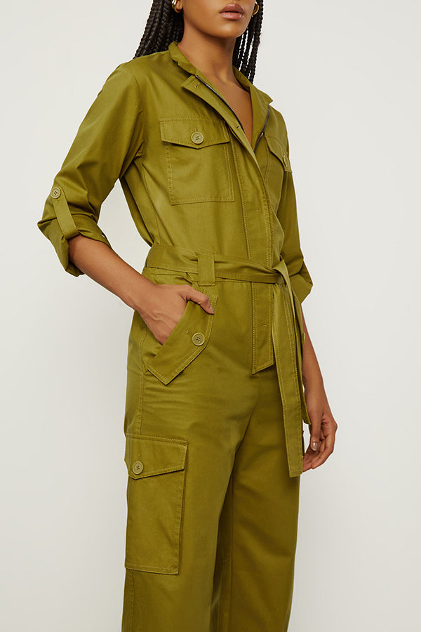 Basic Solid Flap Pocket Belted Jumpsuit