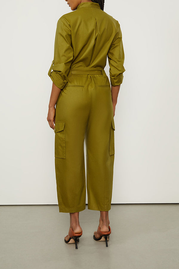 Basic Solid Flap Pocket Belted Jumpsuit