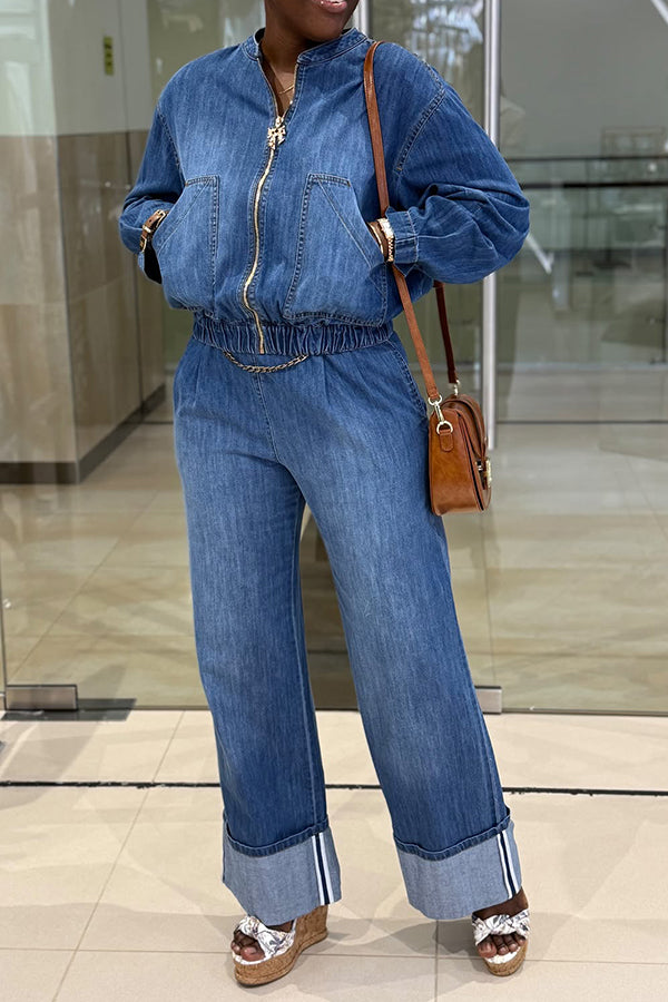 Stylish Denim Jacket & Straight Leg Pants Set