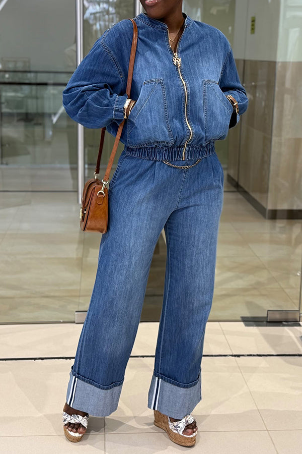 Stylish Denim Jacket & Straight Leg Pants Set