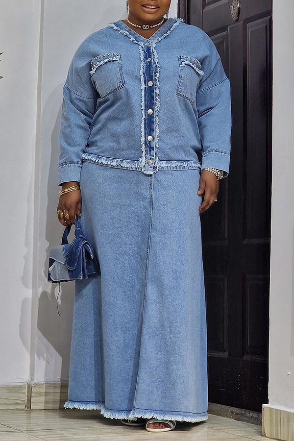 Stylish Raw Denim Jacket & Skirt Set