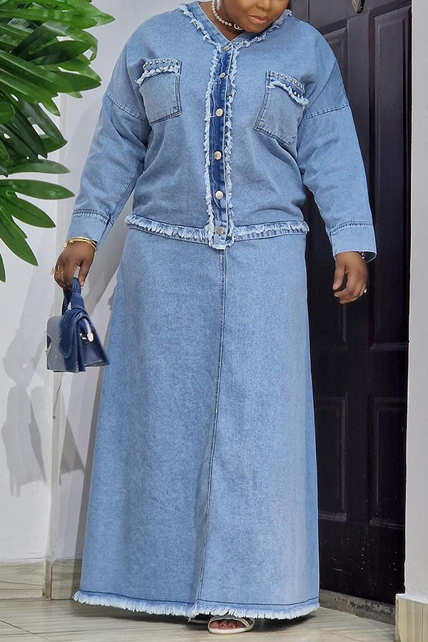 Stylish Raw Denim Jacket & Skirt Set