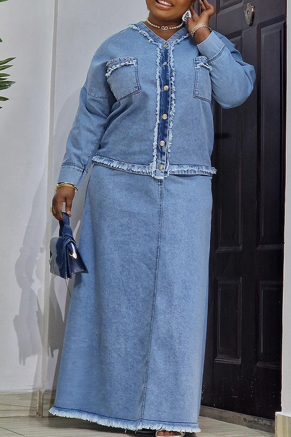 Stylish Raw Denim Jacket & Skirt Set