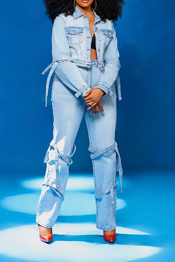 Stylish Solid Denim Jacket & Pants Set