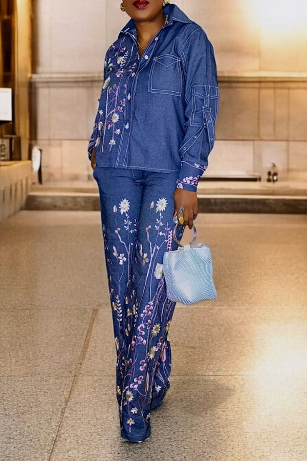 Stylish Denim Print Shirt & Pants Set