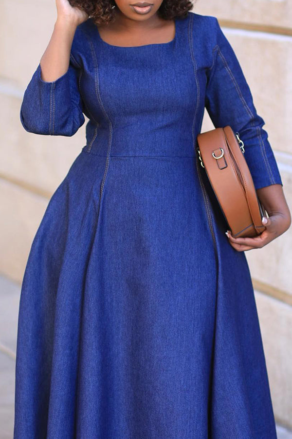 Vintage Square Neck Denim A-line Dress