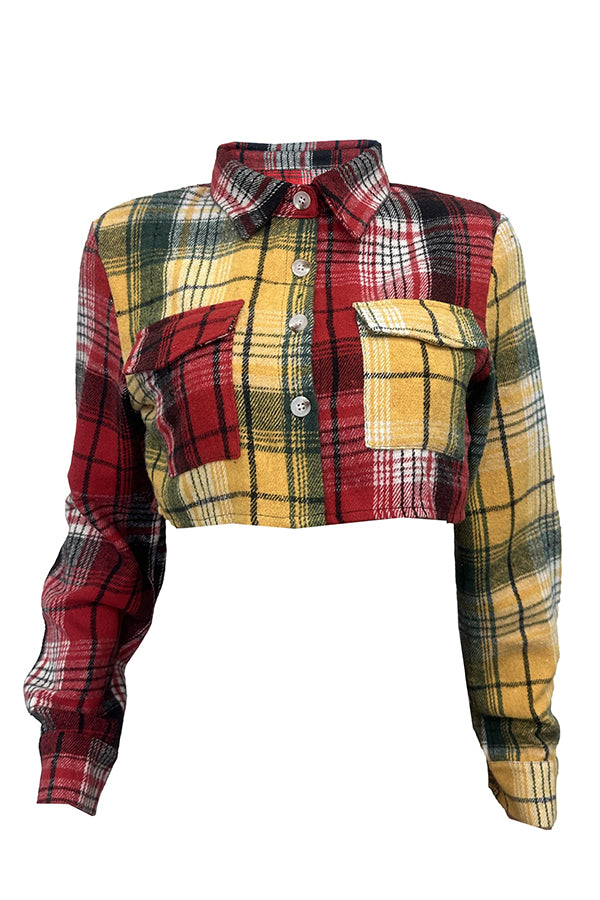 Plaid Dual Flap Pocket Crop Shacket