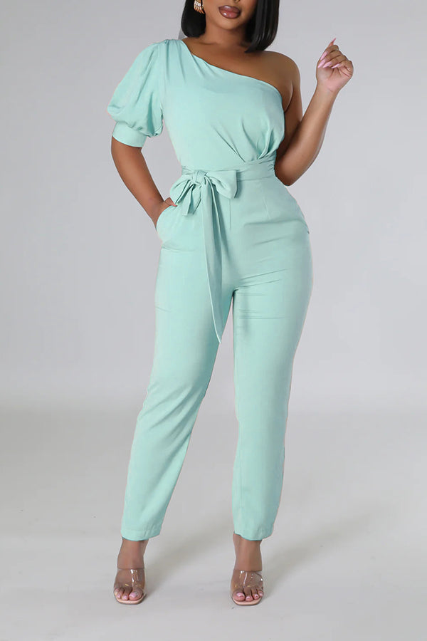 One Shoulder Self Belted Jumpsuit