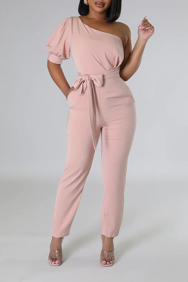 One Shoulder Self Belted Jumpsuit